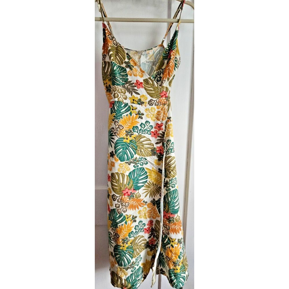 LOFT BEACH‎ tropical linen viscose blend wrap midi dress women Sz Small